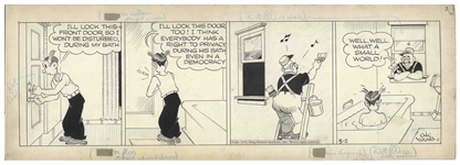 Chic Young Hand-Drawn Blondie Comic Strip From 1945 Titled You Cant Win! -- Dagwood Cant Even Get a Little Privacy During His Bath